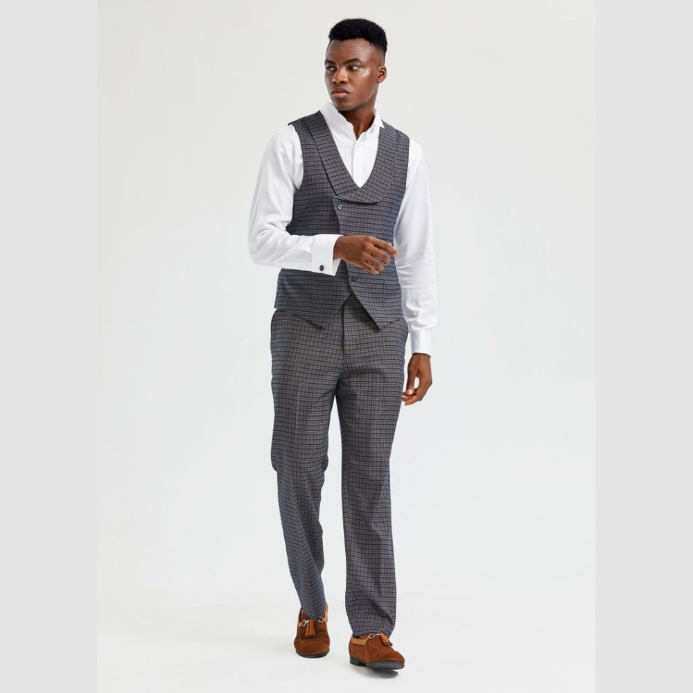 Bespoke Tazio Men's Vest 2pc Set, Tattersall Navy - Picture 6 of 8